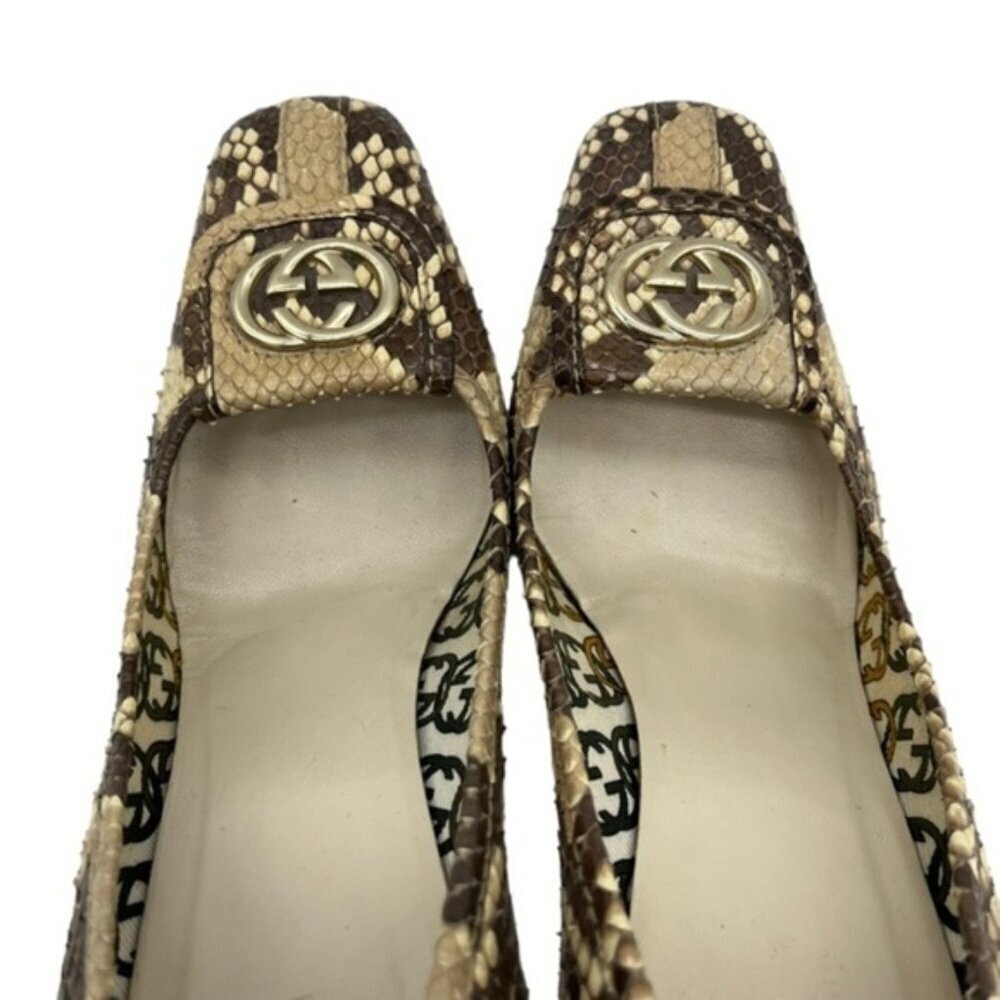 Gucci‎ GG Brown Beige Python Square Toe Pumps Size 8B - Picture 8 of 12